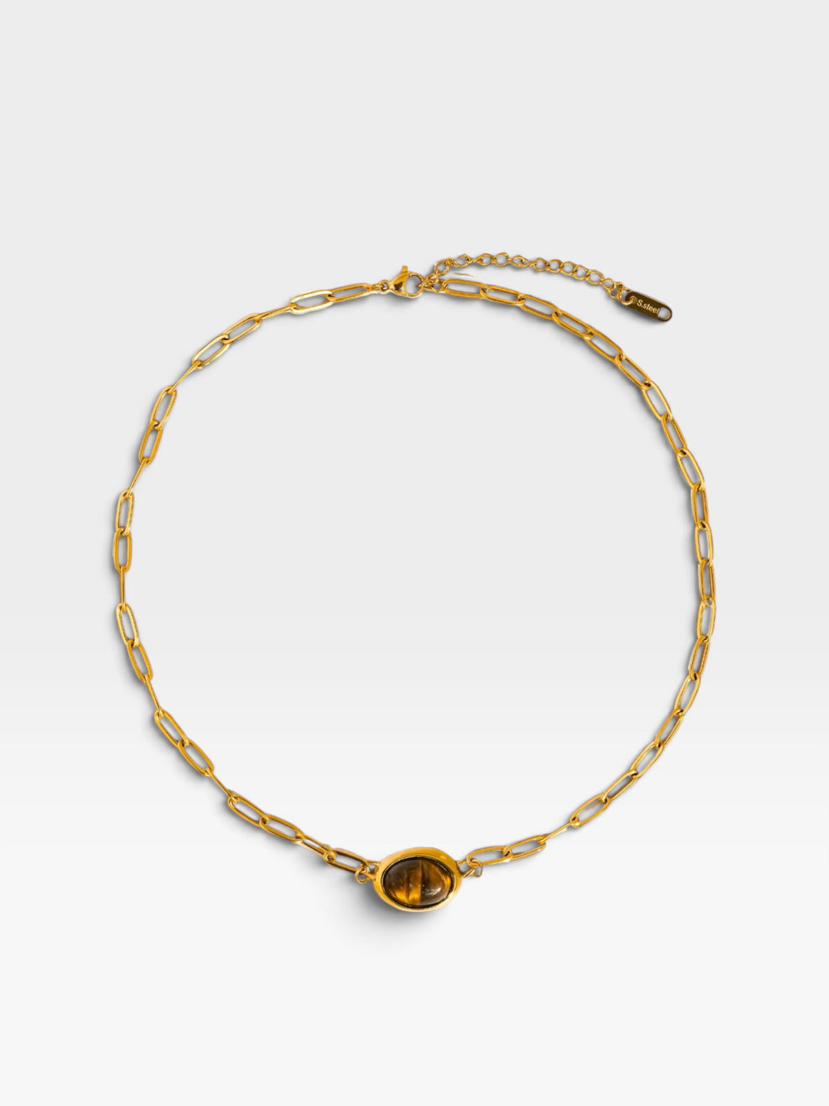 18K GOLD NON TARNISH BROWN OVAL STONE CHAIN NECKLACE