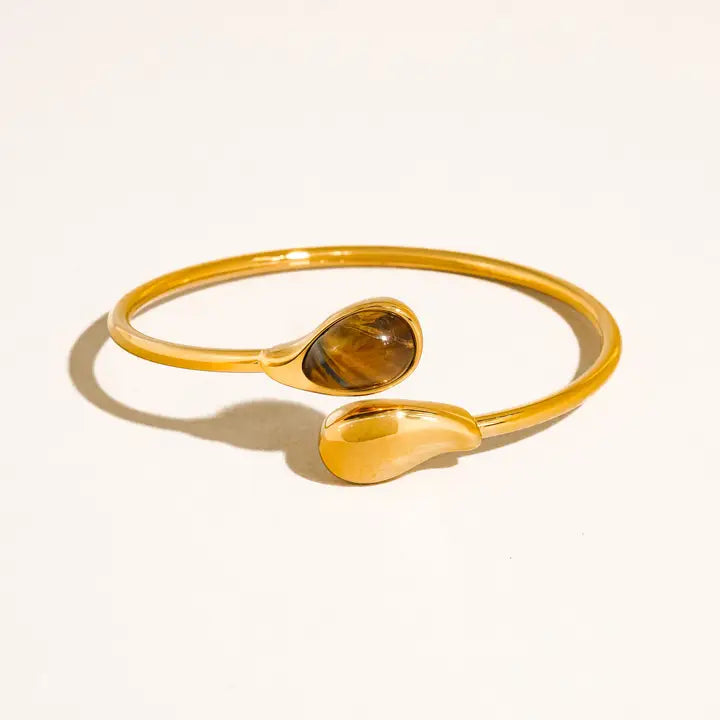18K GOLD BROWN OPEN CUFF STONE BRACELET (NON-TARNISH)