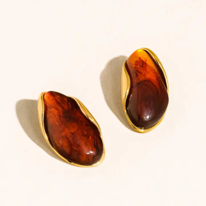 18K GOLD BROWN RESIN DROP EARRINGS (NON-TARNISH)