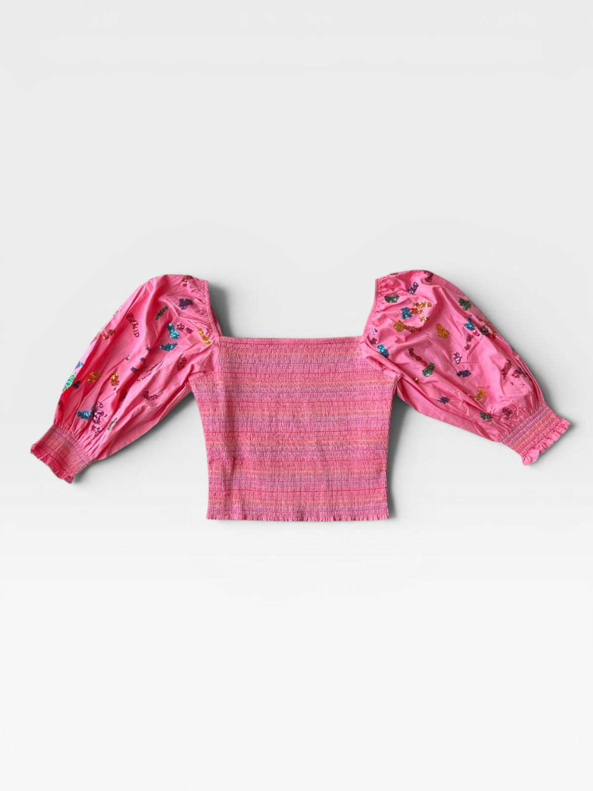 QUEEN OF SPARKLES SEQUIN SMOCKED TOP L