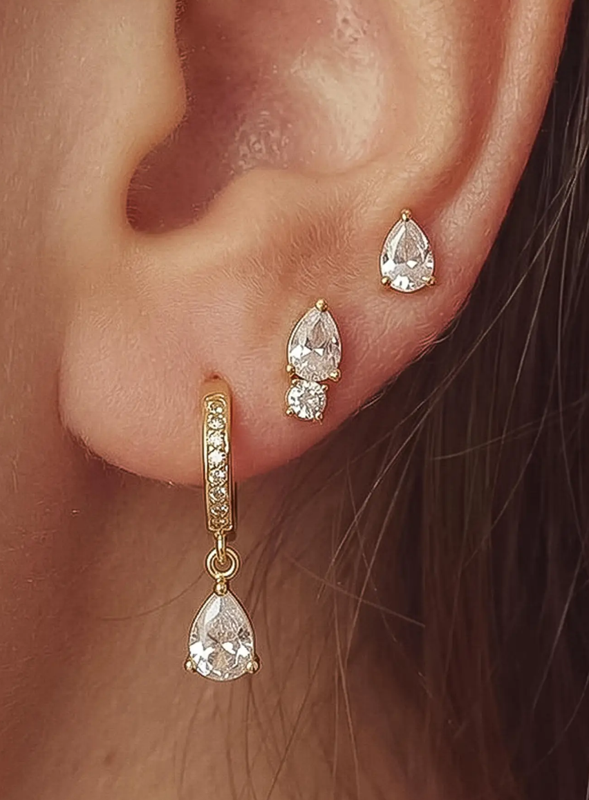 18K GOLD NON TARNISH CZ TEARDROP EARRING SET
