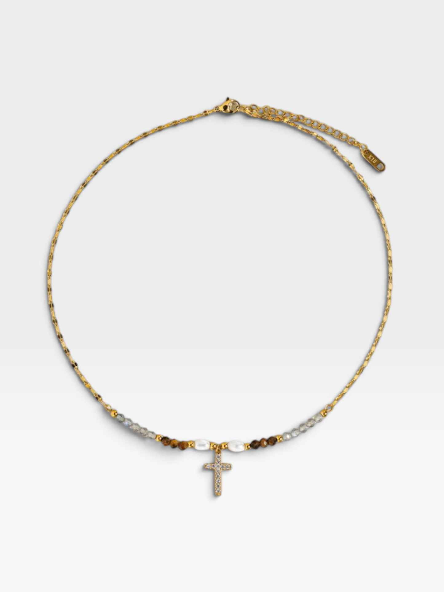 18K GOLD CROSS NECKLACE WITH BEADS AND PEARLS
