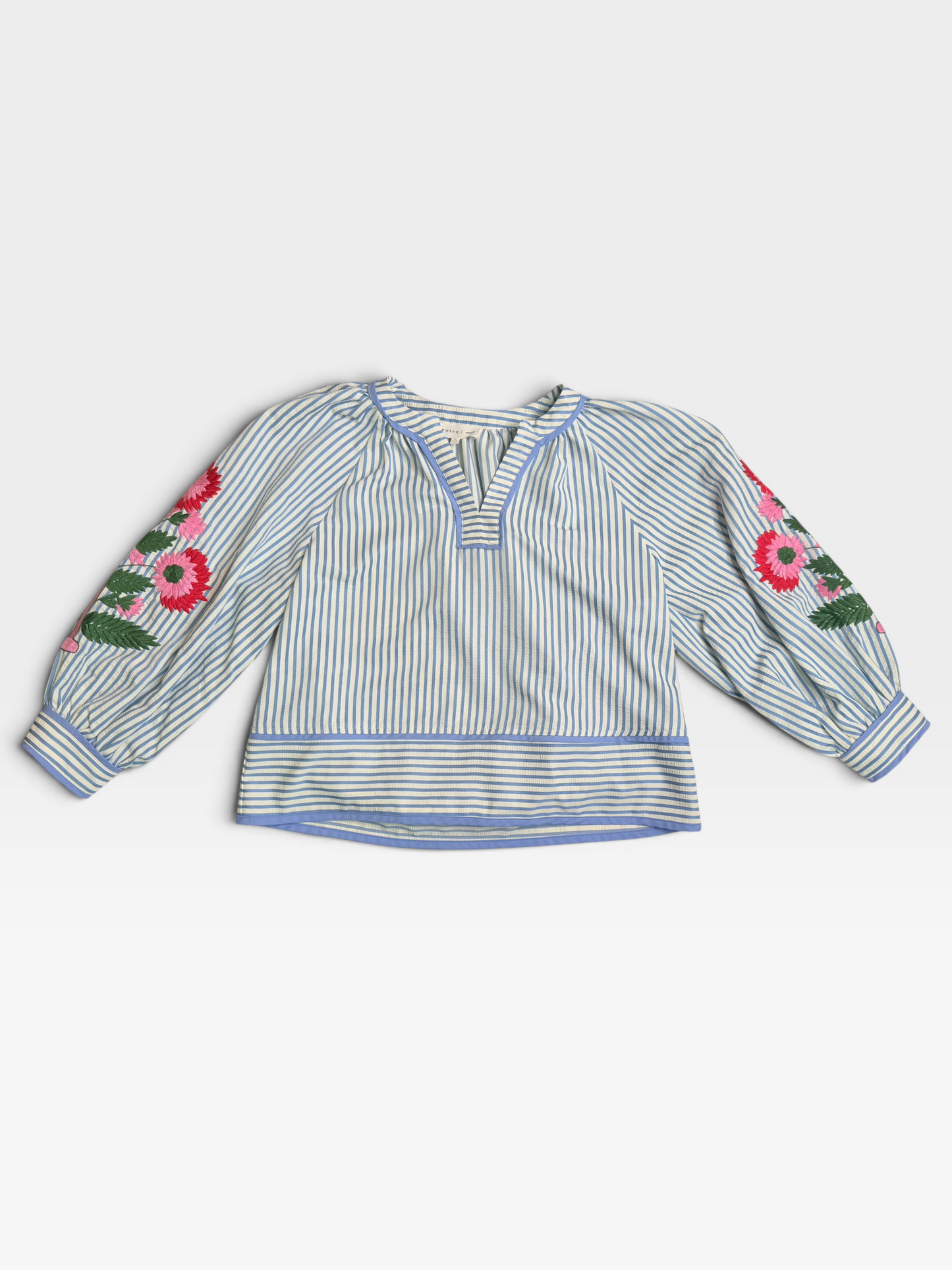 BLUE/WHITE STRIPE ENTRO TOP FLOWER EMBROIDARY S
