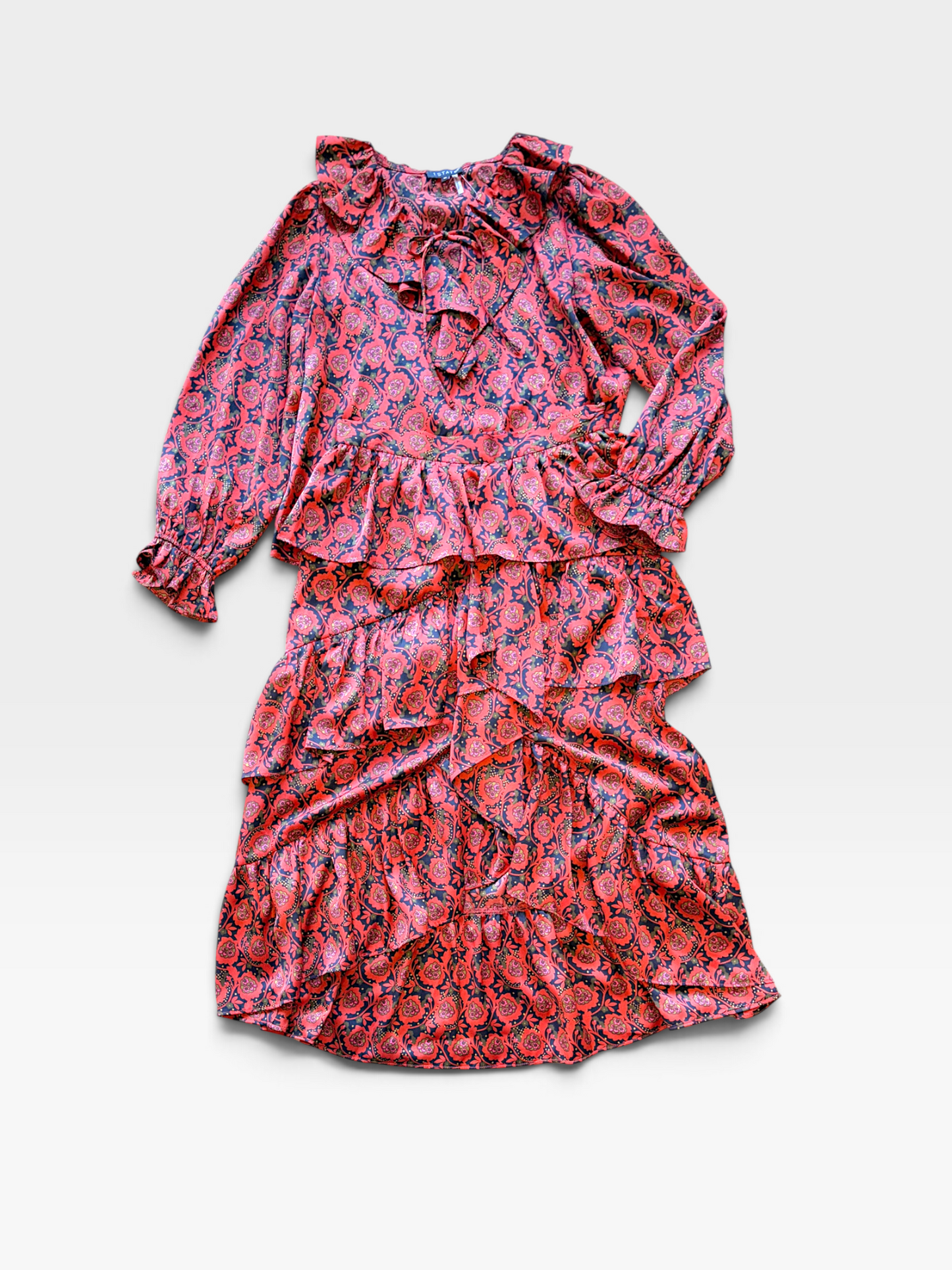 RED 1.STATE TIERED RUFFLE MAXI SKIRT & TOP SET M