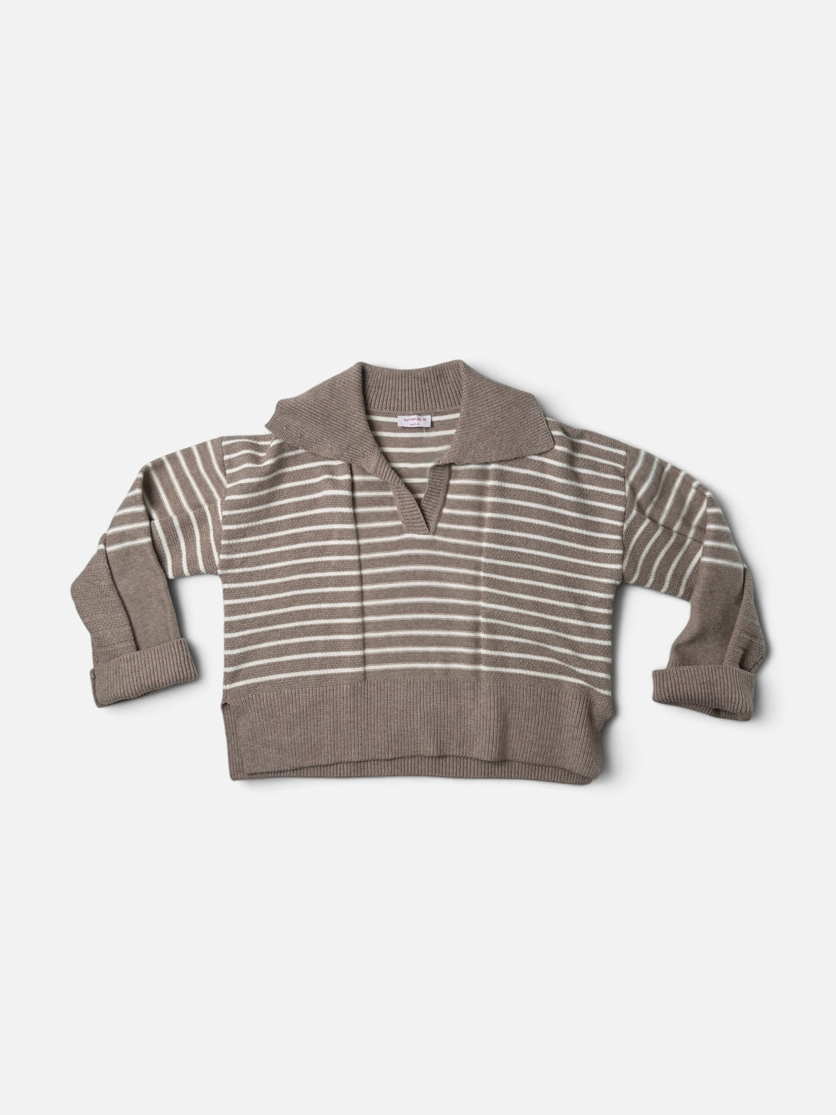 TAN/WHITE BUTTERMELON STRIPED V-NECK COLLAR SWEATER L