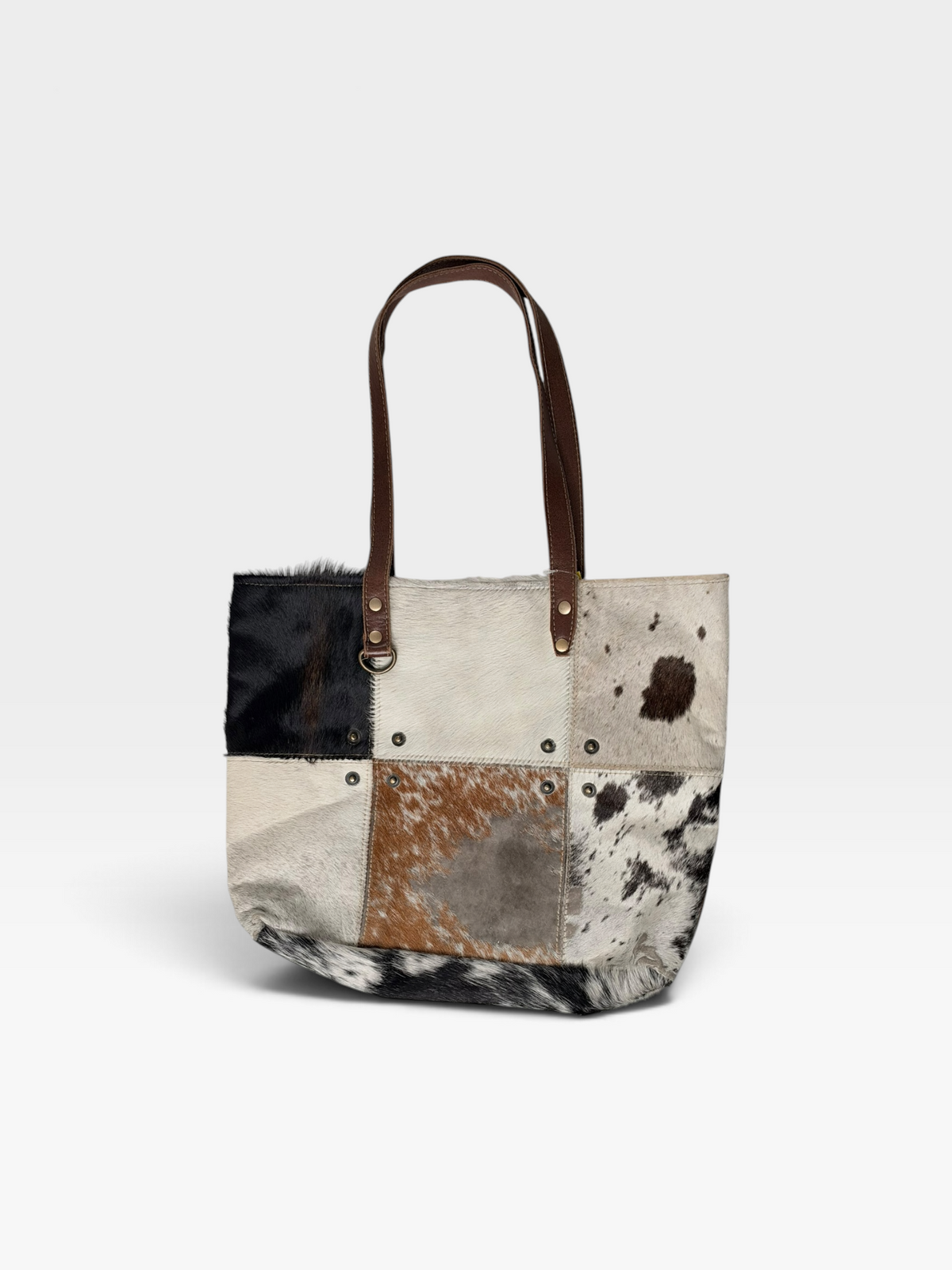 BROWN/CREAM MYRA BAG PATCHWORK COWHIDE LEATHER TOTE
