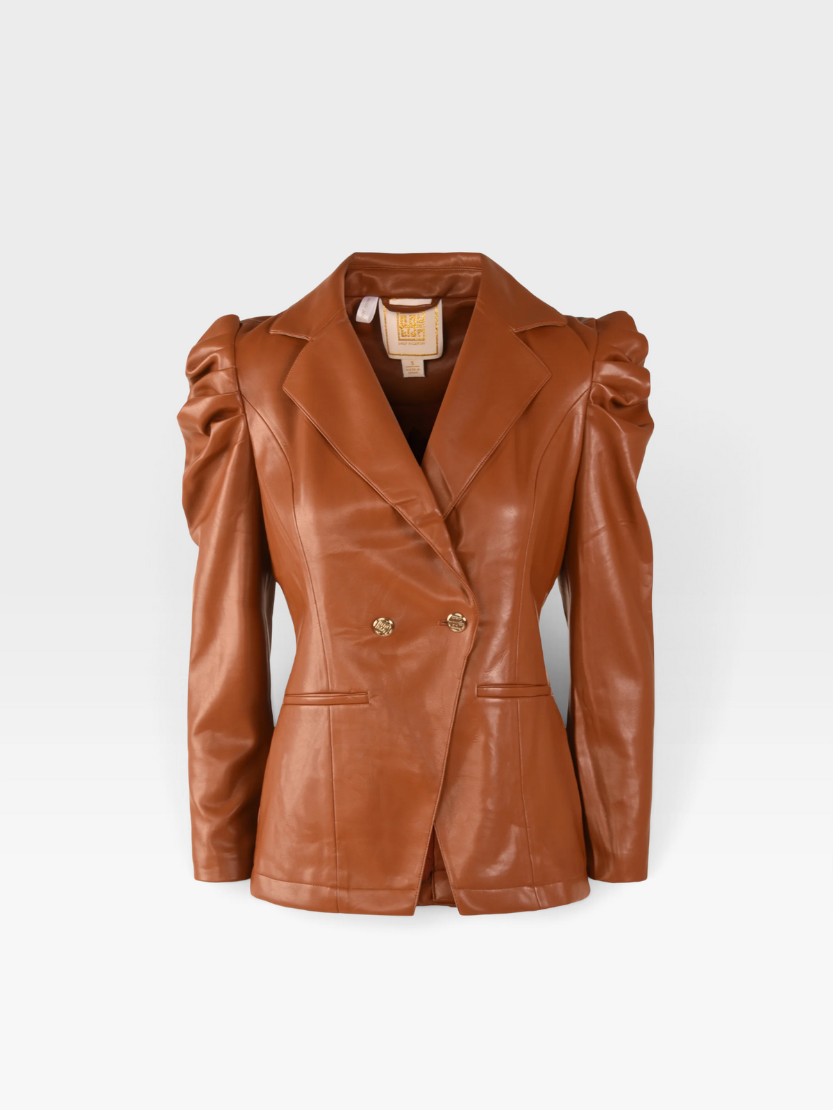 TheConsignmentBar EMILY MCCARTHY luggage brown vegan leather blazer with puff sleeves and double-breasted gold buttons.