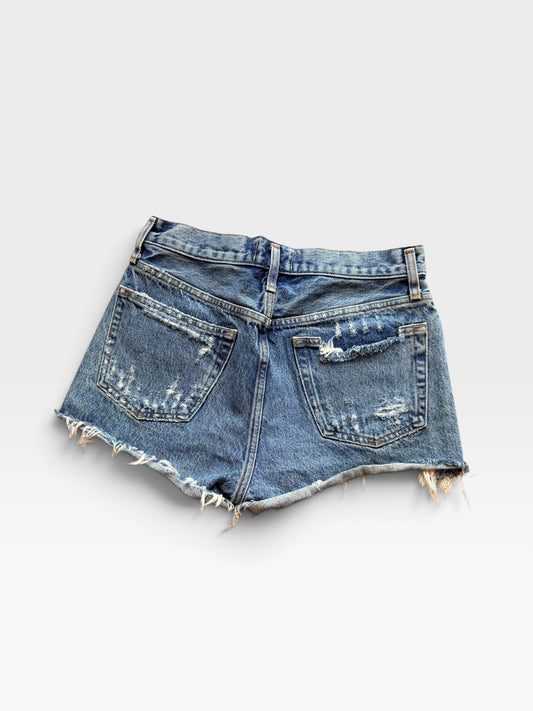 TheConsignmentBar Agolde blue denim shorts with a distressed frayed hem and back pocket detailing