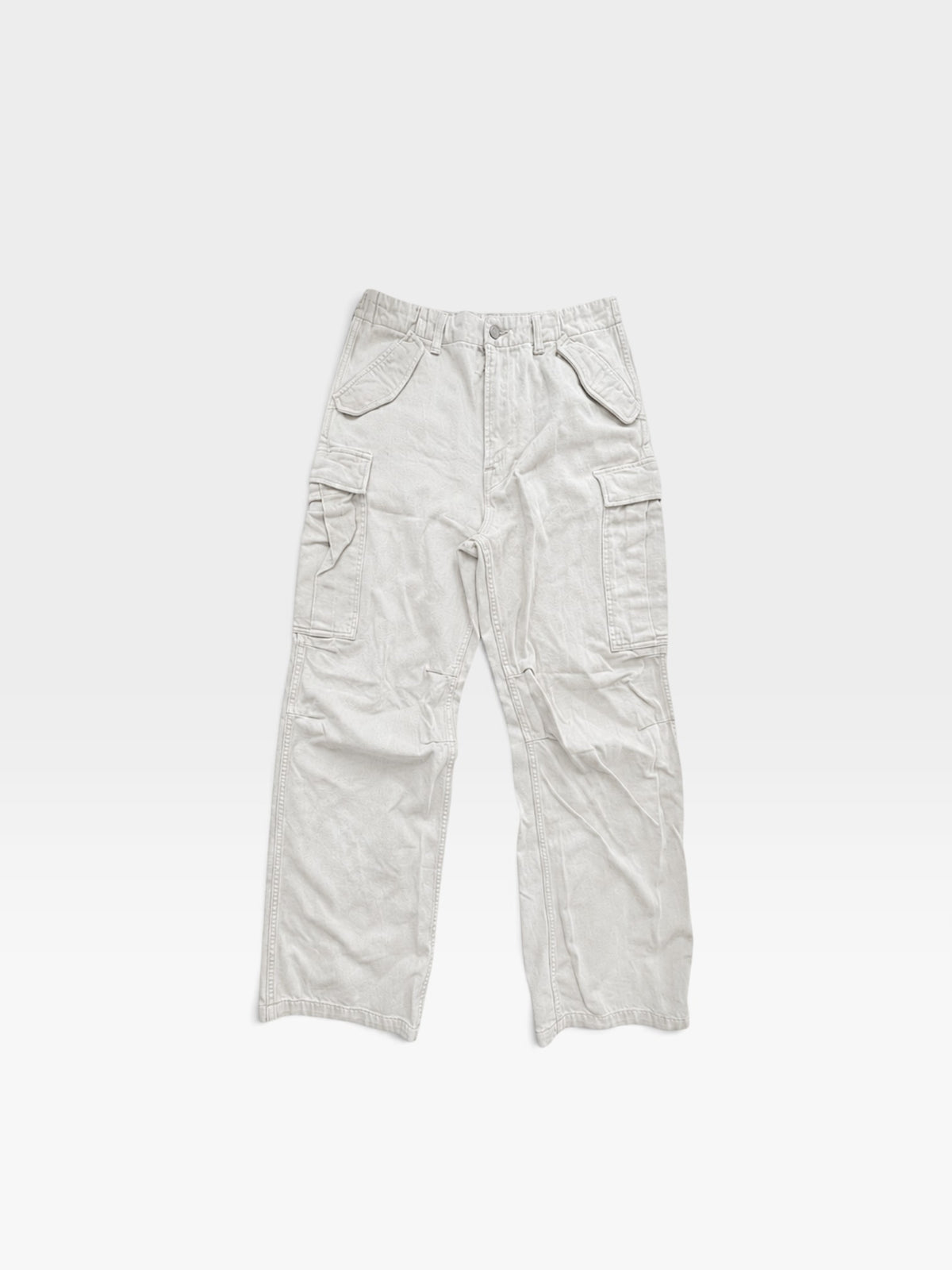 TheConsignmentBar Denimist wide leg cargo pants in tan denim with side utility pockets and a relaxed fit