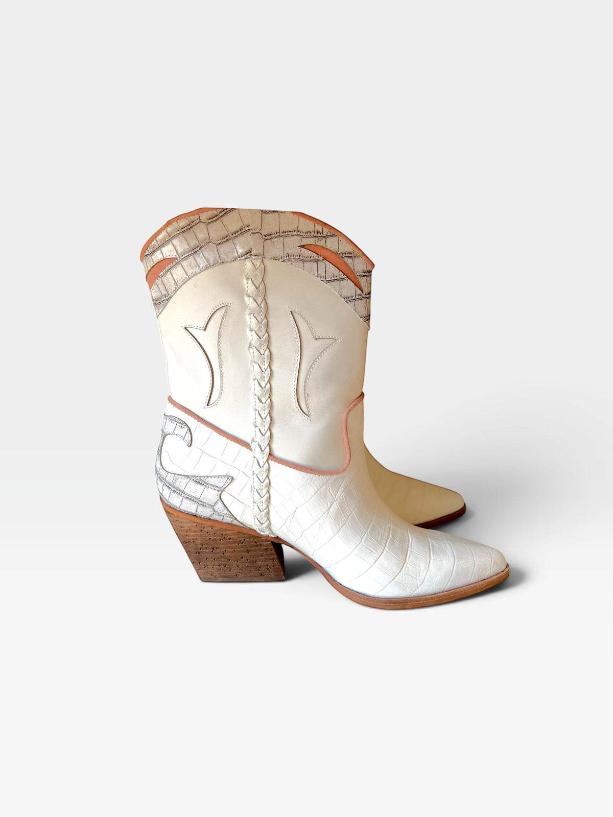 TheConsignmentBar Dolce Vita ivory western boots with crocodile embossed leather and braided side detail