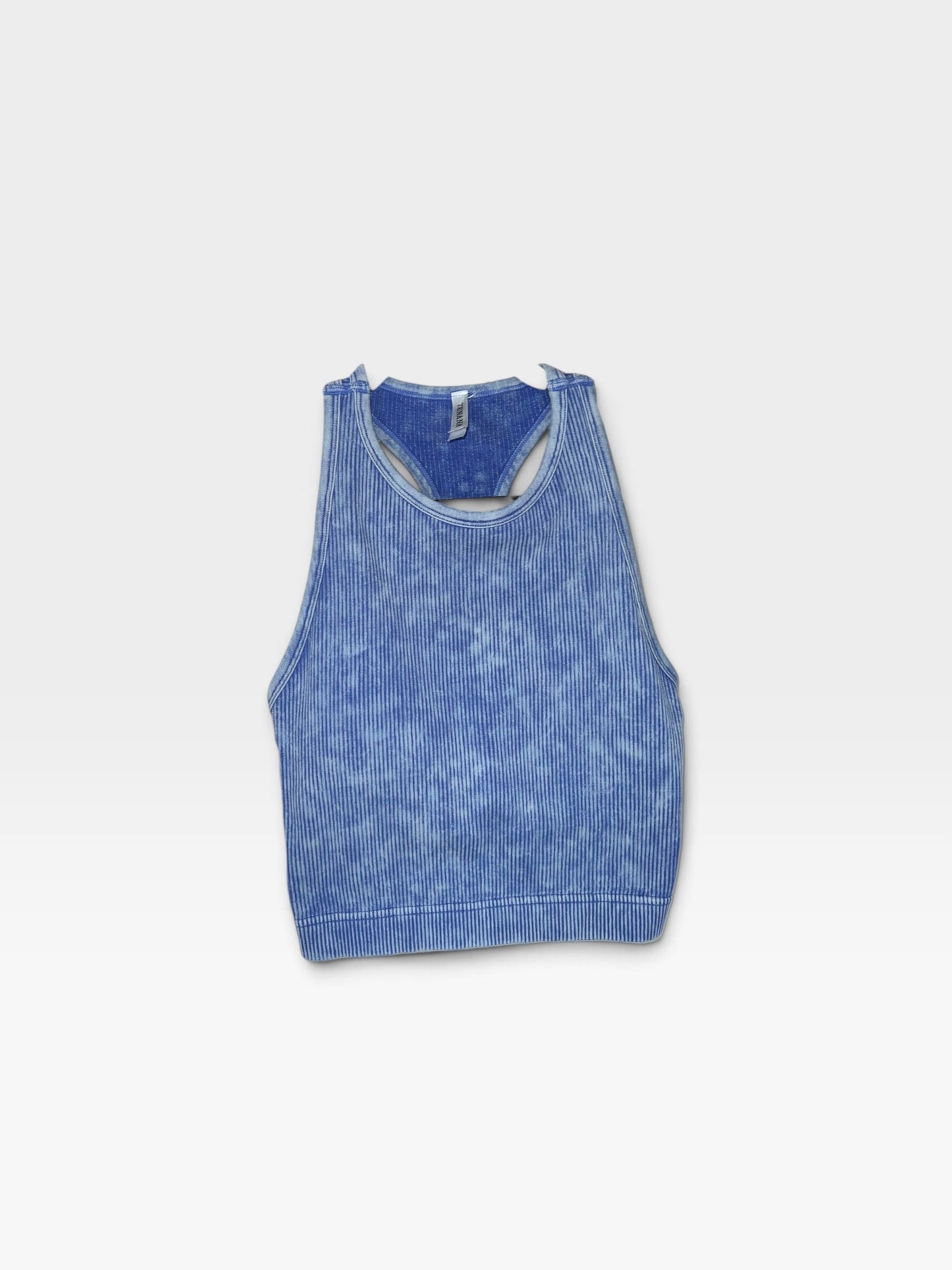 TheConsignmentBar Zenana dark blue ribbed racerback tank top with a vintage acid wash finish.