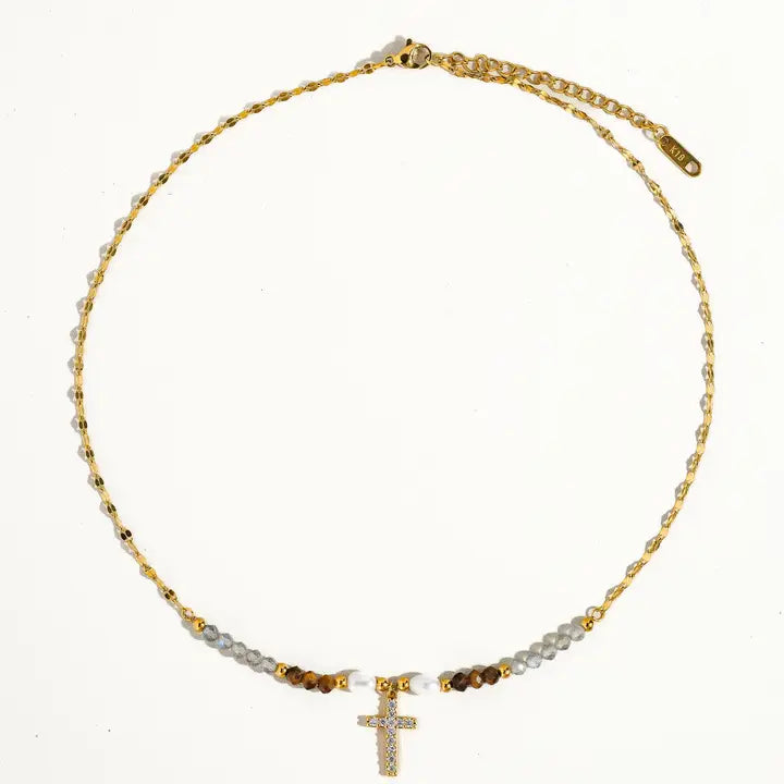 18K GOLD BEAD AND PEARL CROSS NECKLACE (NON-TARNISH)
