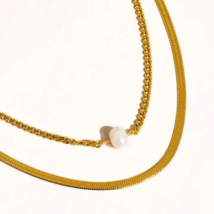 18K GOLD LAYERED PEARL CHAIN NECKLACE (NON-TARNISH)