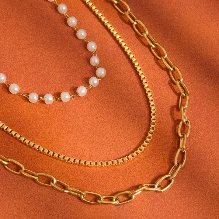 18K GOLD STACKED PEARL NECKLACE (NON-TARNISH)