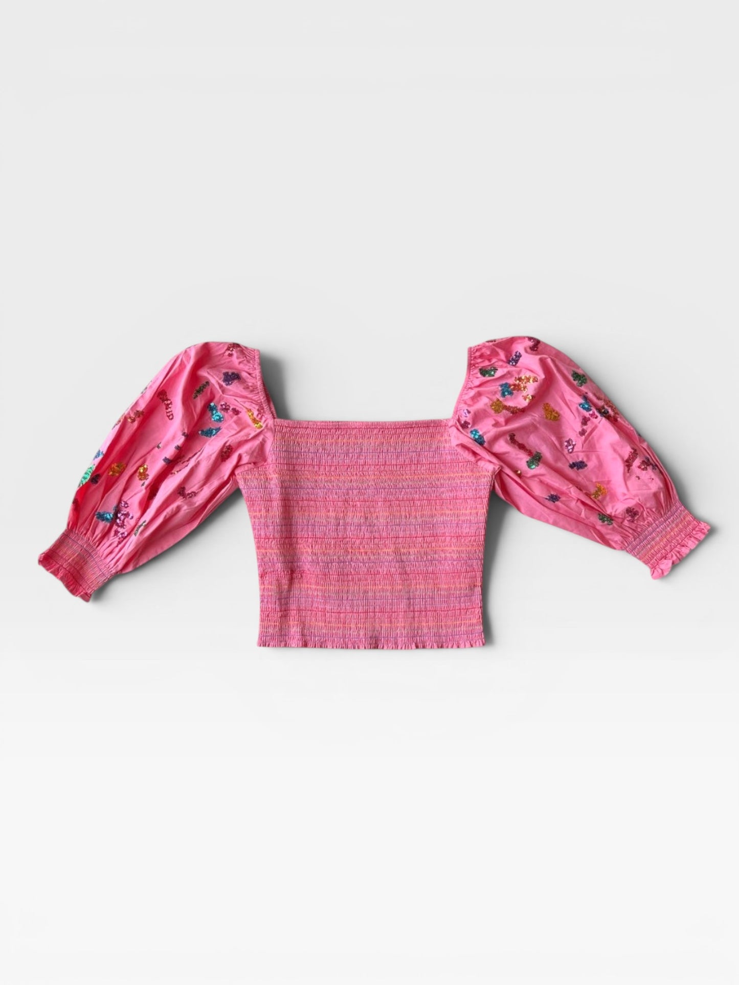 QUEEN OF SPARKLES SEQUIN SMOCKED TOP L