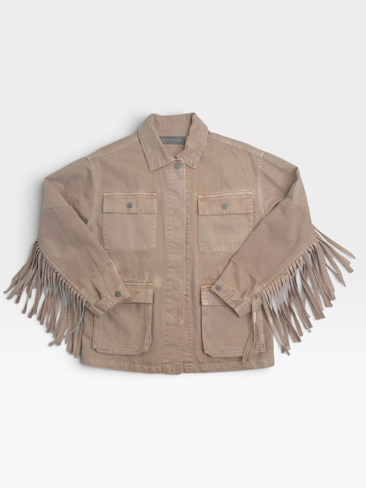 TAN BLUE REVIVAL DENIM FRINGE JACKET S