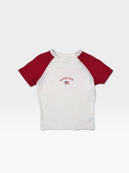 WHITE DAIRY BOY FLAG BABY TEE XS