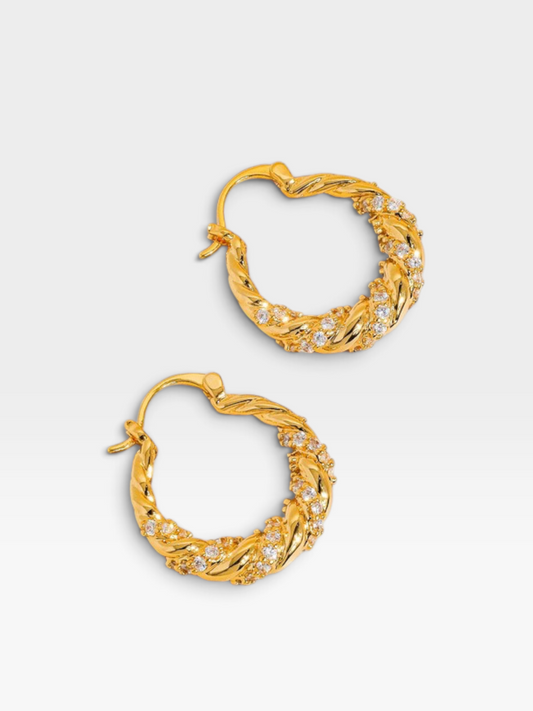 18K GOLD RHINESTONE TWISTED HOOP EARINGS