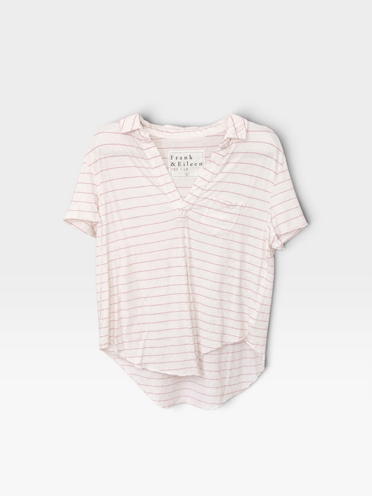 WHITE/RED STRIPED FRANK & EILEEN V-NECK TOP (ORG. $136) L