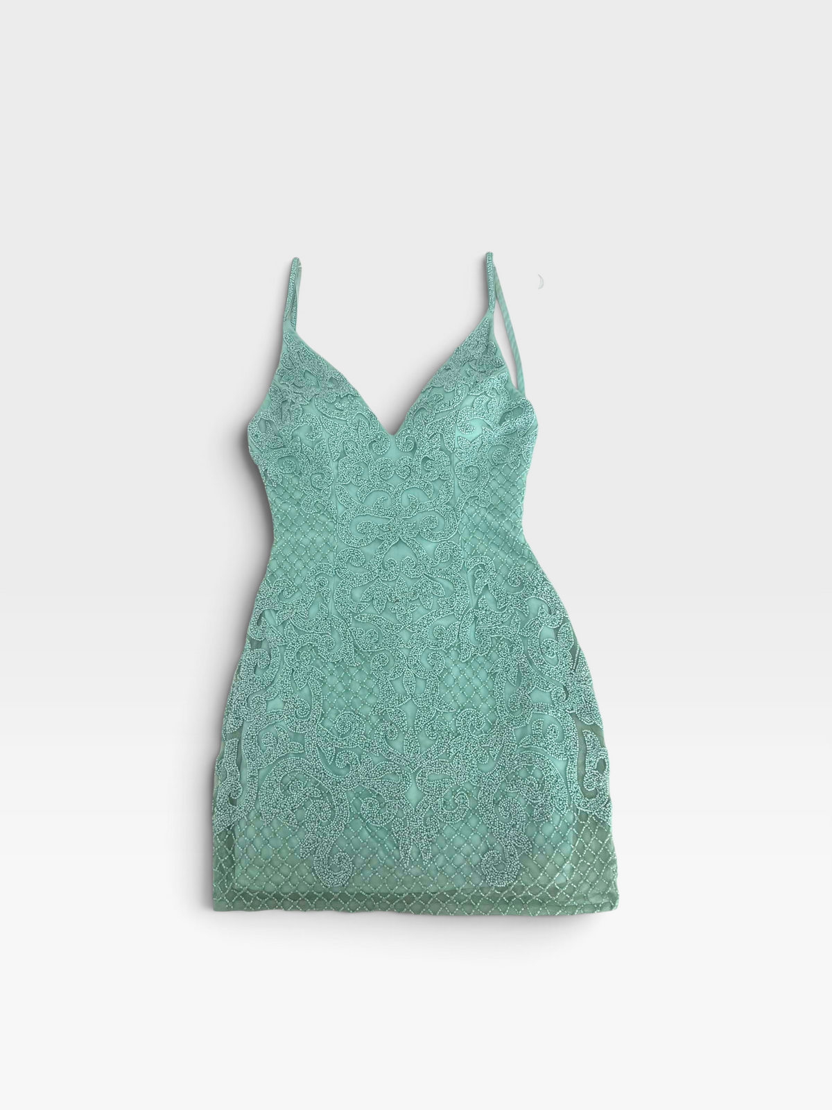 TheConsignmentBar PRIMAVERA teal mini dress with intricate lace embroidery, V-neckline, and spaghetti straps.