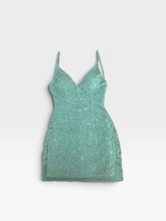 TheConsignmentBar PRIMAVERA teal mini dress with intricate lace embroidery, V-neckline, and spaghetti straps.