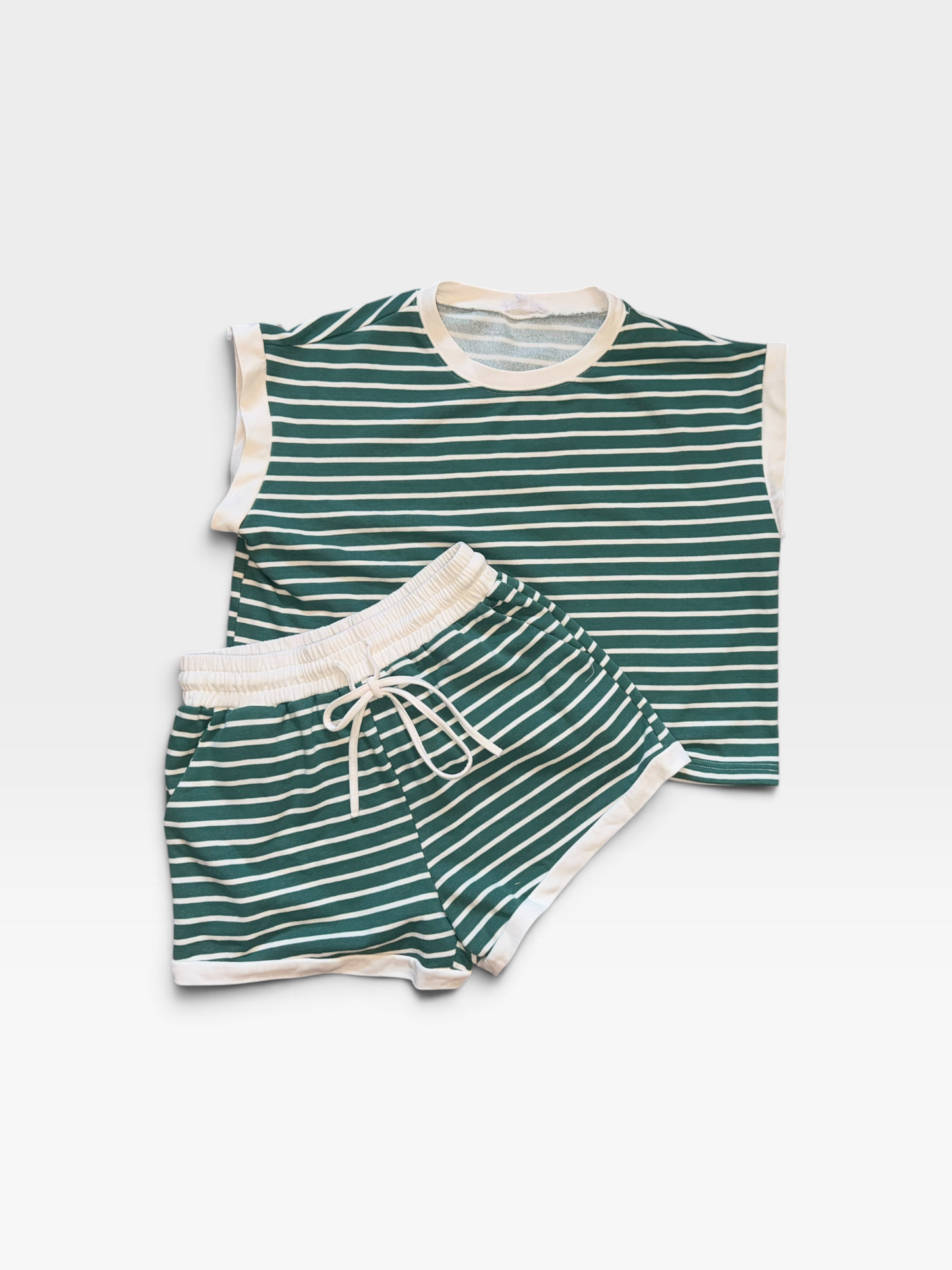 GREEN/WHITE SEWN + SEEN SHORTS SET S