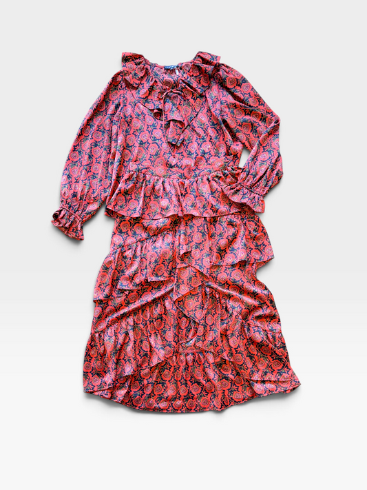 RED 1.STATE TIERED RUFFLE MAXI SKIRT & TOP SET M