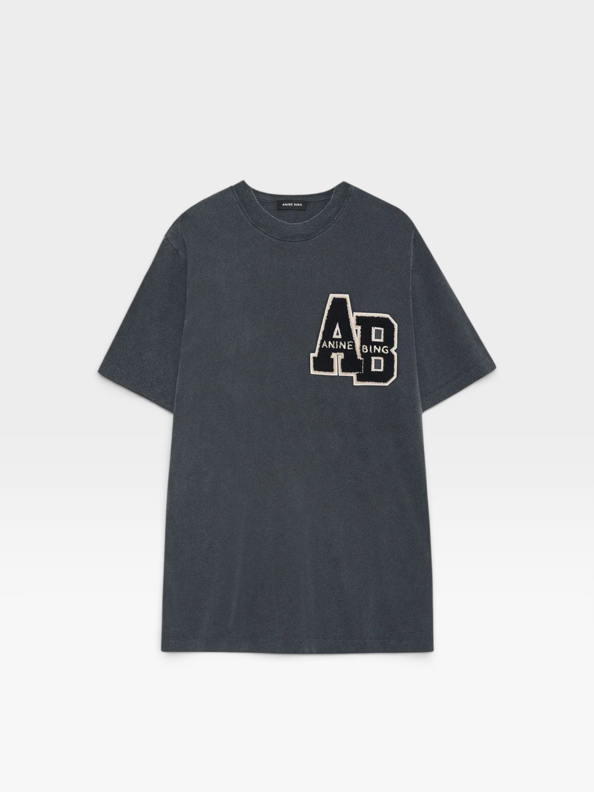 TheConsignmentBar ANINE BING Beth grey mini t-shirt dress with varsity-style AB logo patch on the chest.