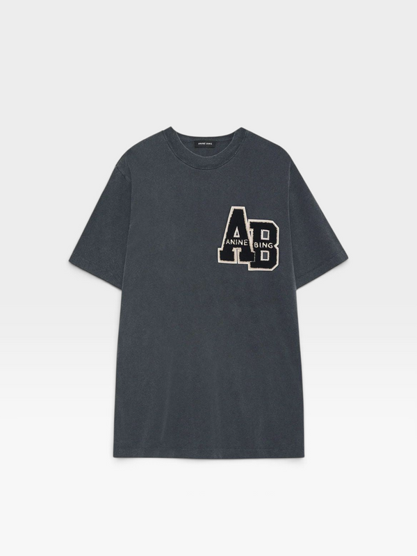 TheConsignmentBar ANINE BING Beth grey mini t-shirt dress with varsity-style AB logo patch on the chest.