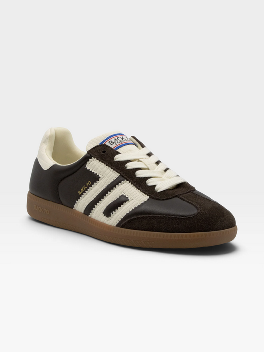 TheConsignmentBar BACK 70 Cloud sneakers in coffee brown and milk white leather with suede accents and gum sole.