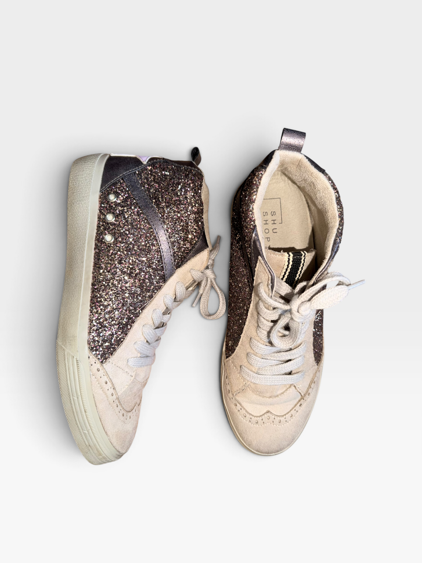 SILVER/PINK SHU SHOP GLITTER HIGHTOPS 8.5