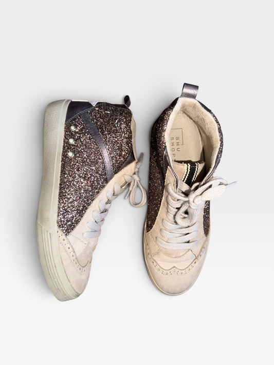 SILVER/PINK SHU SHOP GLITTER HIGHTOPS 8.5