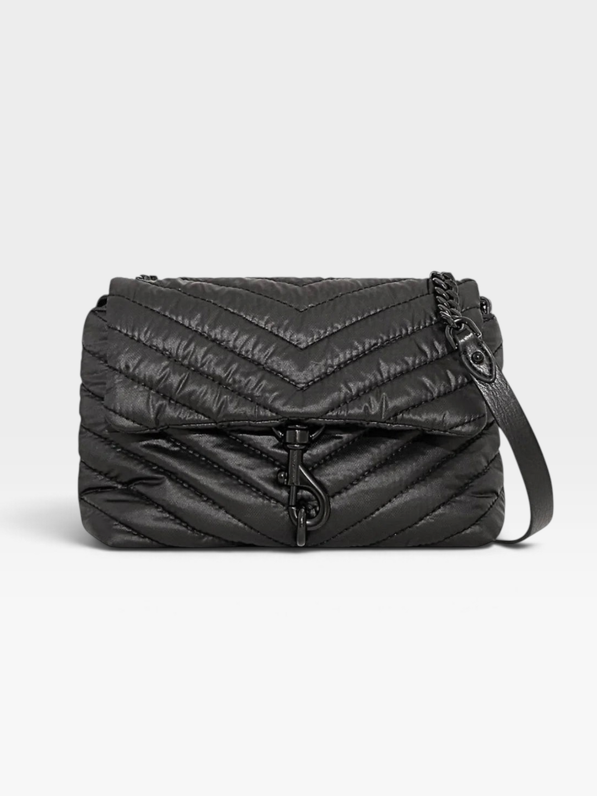 TheConsignmentBar Rebecca Minkoff Edie black quilted nylon shoulder bag with chevron pattern and chain strap