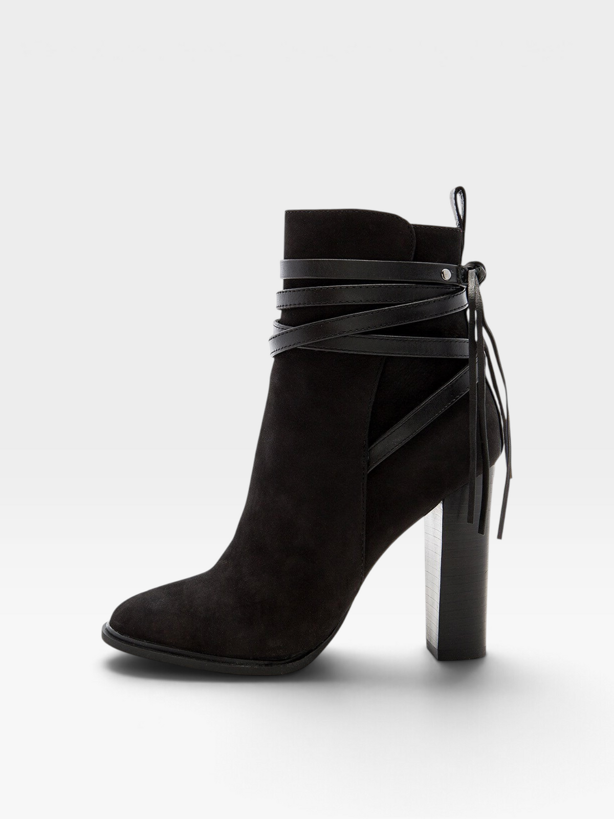 TheConsignmentBar Steve Madden Gaybel black suede ankle booties with wrap-around tie straps and a block heel.