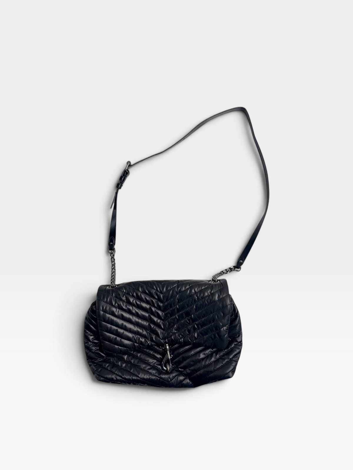 TheConsignmentBar Rebecca Minkoff black quilted nylon Edie bag with a chain and leather shoulder strap.