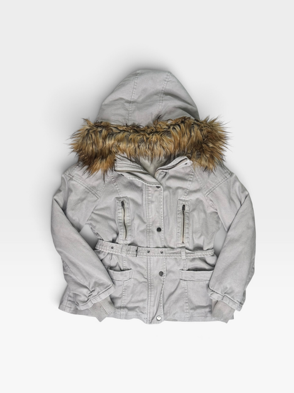 BEIGE KIMCHI BLUE FAUX-FUR TRIM PUFFER JACKET | S