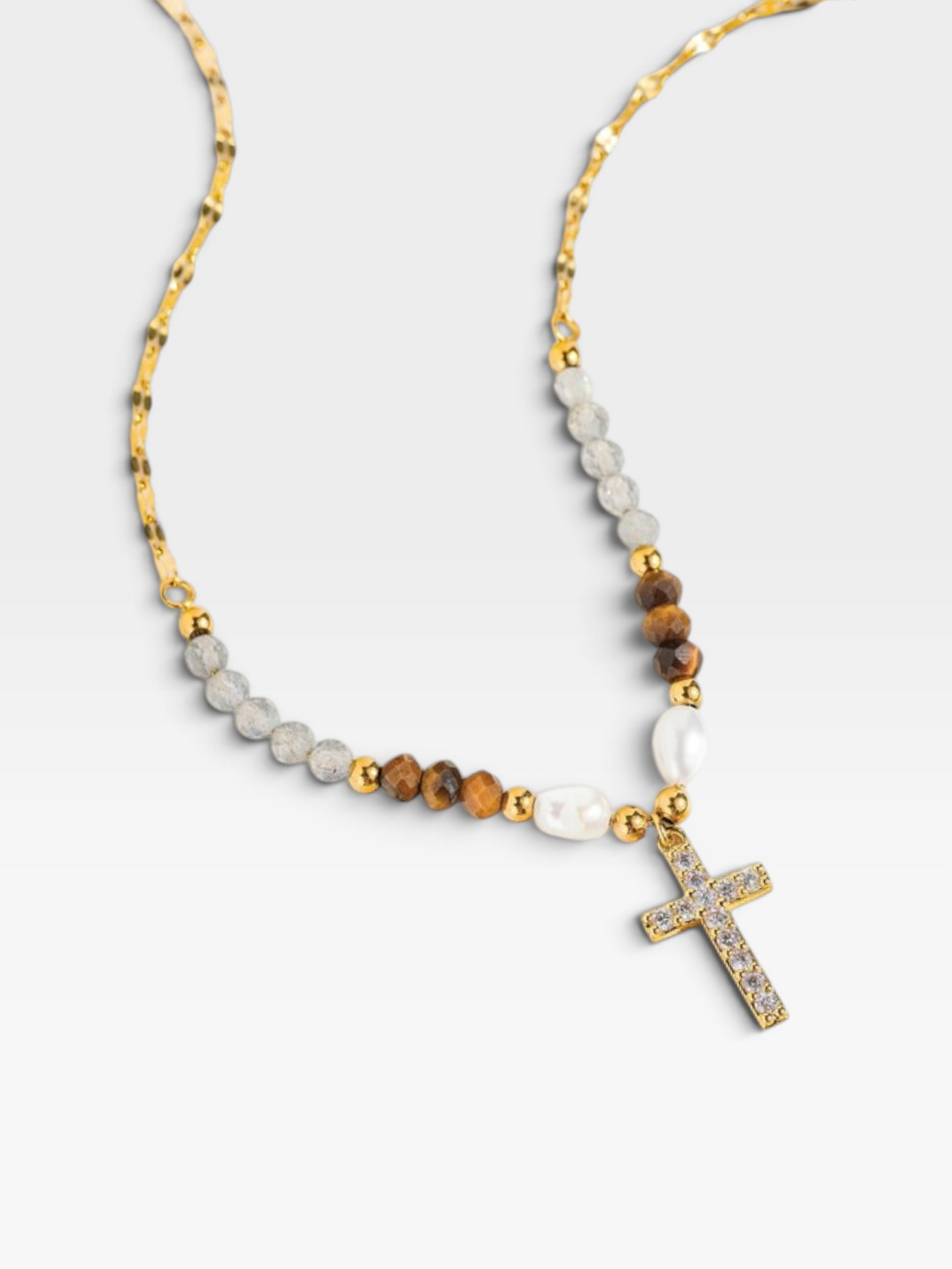 18K GOLD CROSS NECKLACE WITH BEADS AND PEARLS