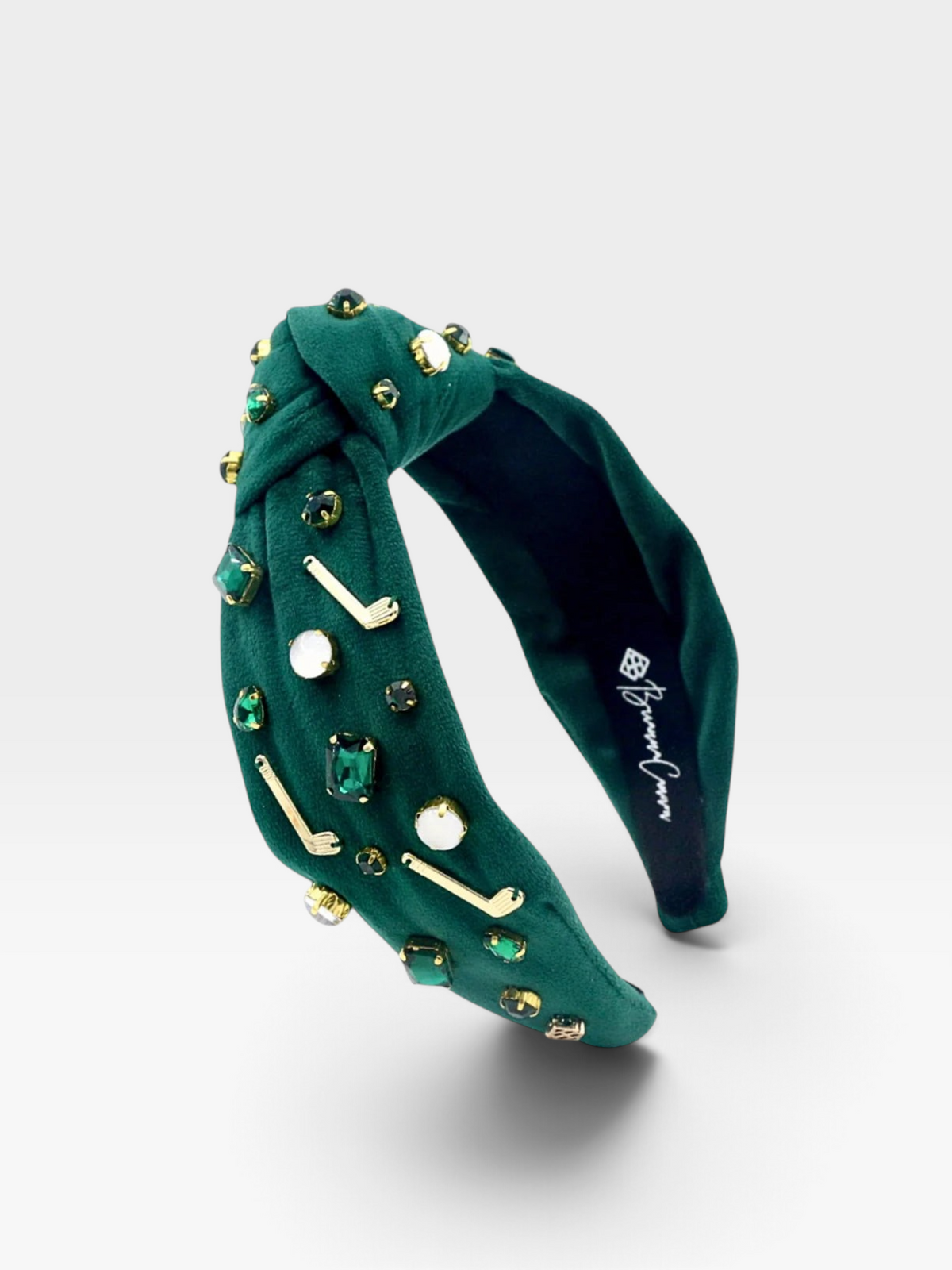 TheConsignmentBar Brianna Cannon green knotted headband featuring gold golf club charms and sparkling crystal accents.