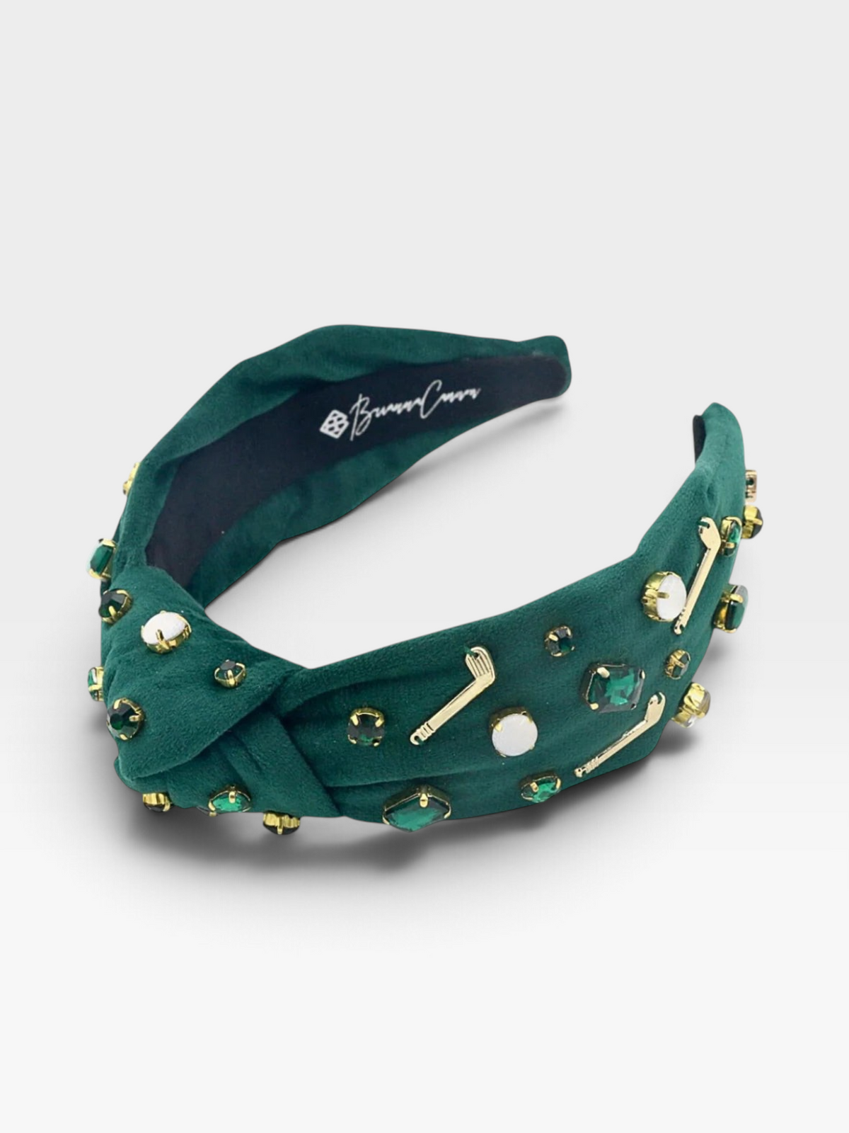 TheConsignmentBar BRIANNA CANNON green velvet knotted headband featuring golf club charms and decorative crystals.