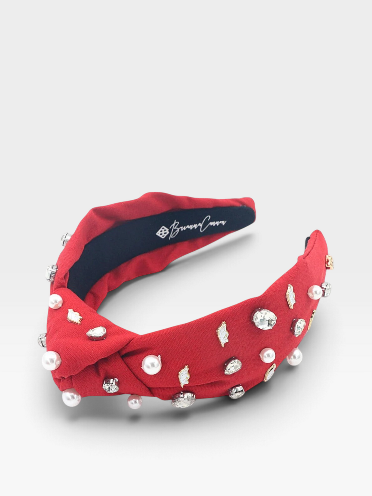 TheConsignmentBar Brianna Cannon red knotted headband embellished with white pearls and clear crystals