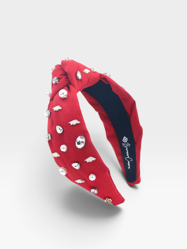 TheConsignmentBar red Brianna Cannon headband featuring a knotted design embellished with pearls and crystals