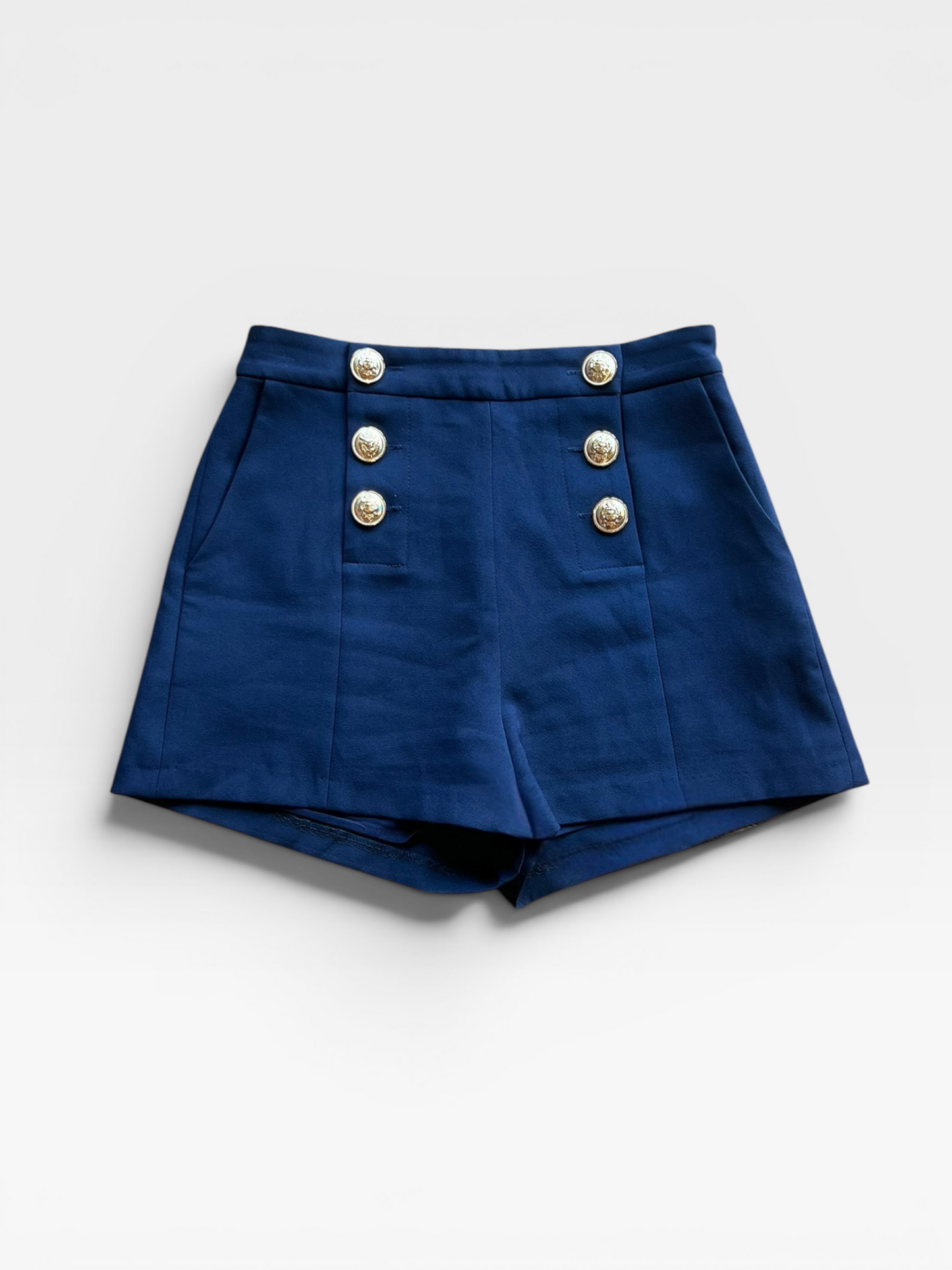 NAVY ENDLESS ROSE GOLD BUTTON DETAIL SHORTS (ORG. $80) S