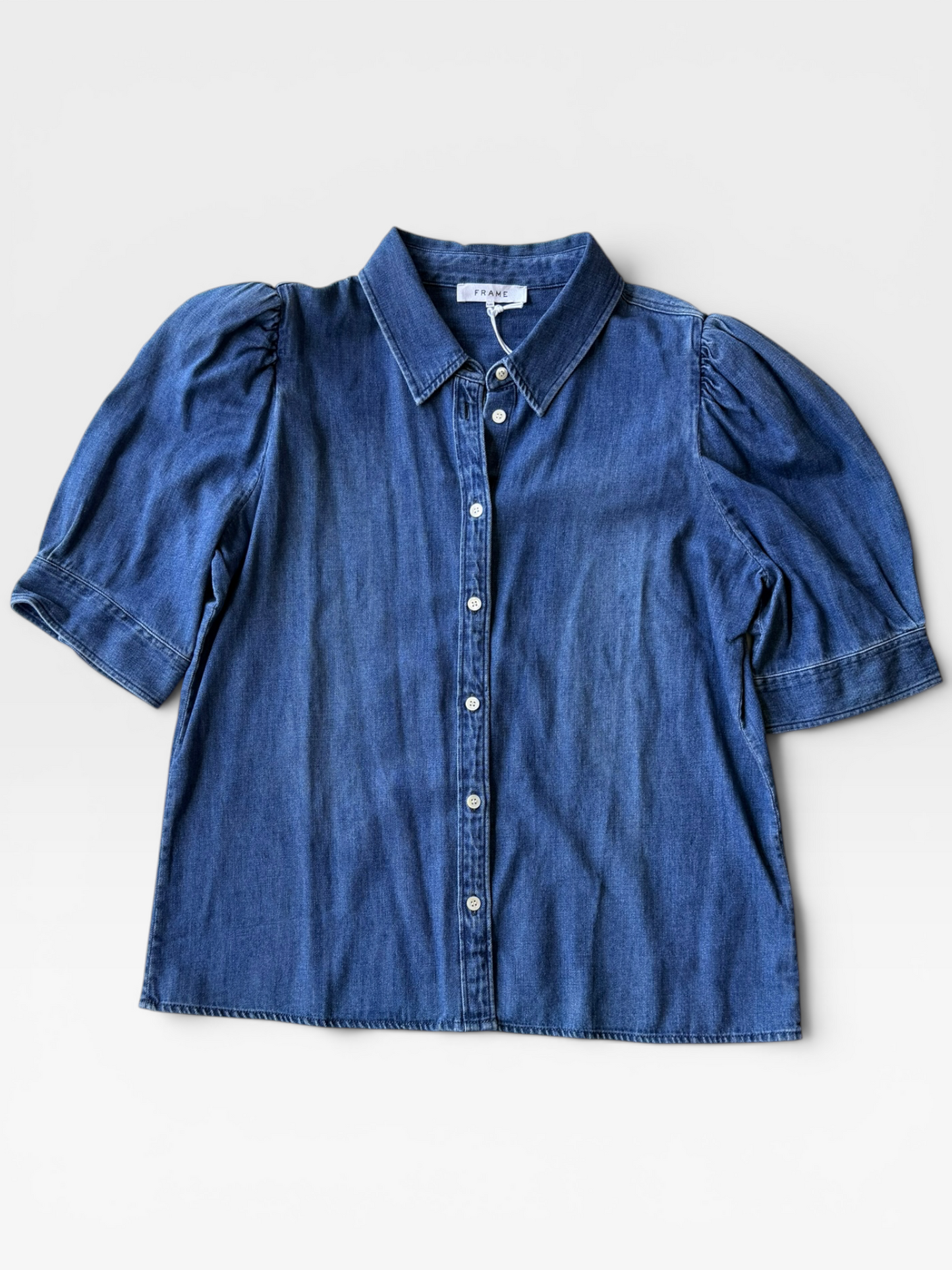 DENIM FRAME PUFF-SLEEVE BUTTON-UP TOP (NWT $288) L