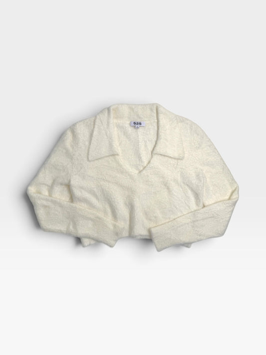 WHITE 525 CROPPED COLLARED V-NECK SWEATER | S