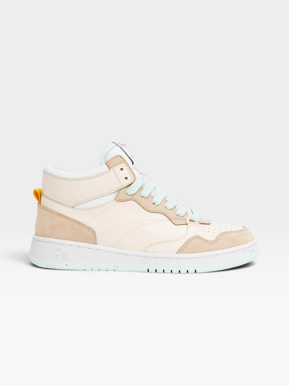 TheConsignmentBar oncept Philly high-top sneaker in ivory and blue with suede overlays and a white rubber sole.
