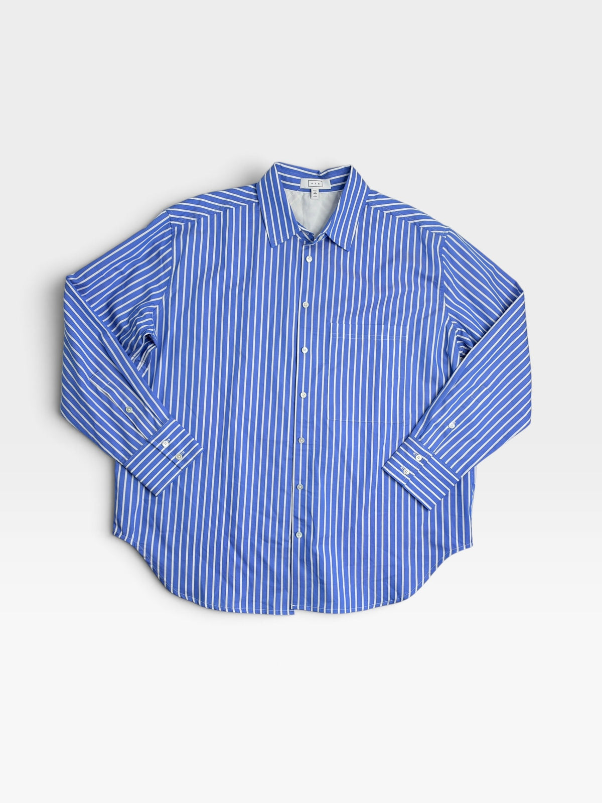 BLUE/WHITE AYR STRIPED BUTTON UP TOP (ORG. $195) | M