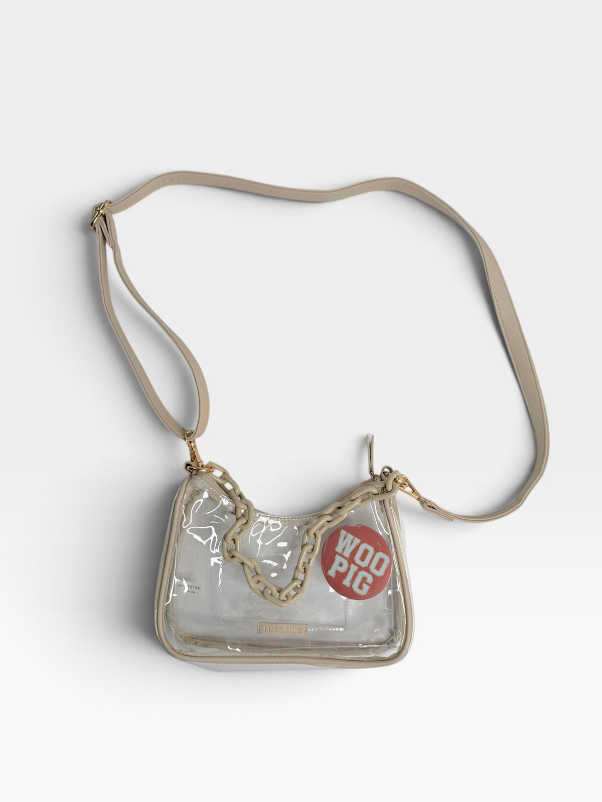 TAN/CLEAR MISS NINE CROSSBODY PURSE