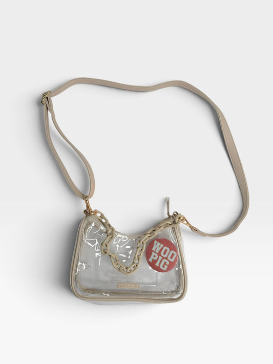 TAN/CLEAR MISS NINE CROSSBODY PURSE