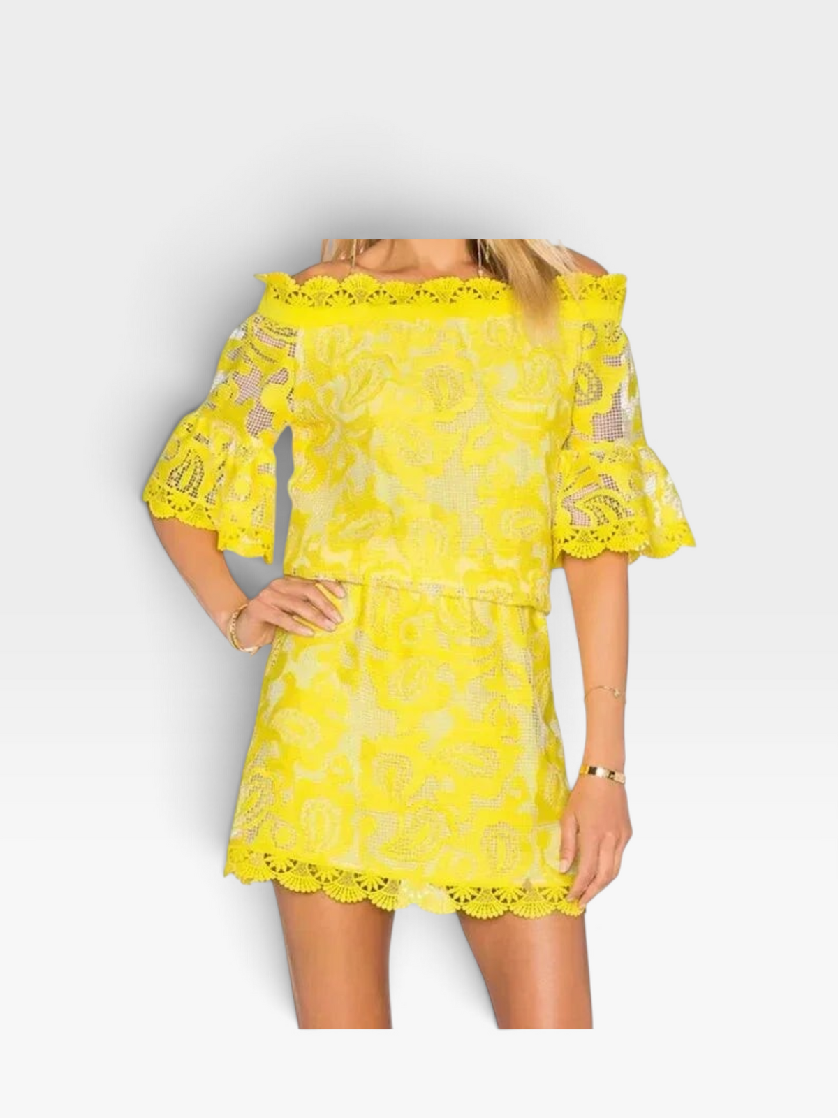 Model wearing a bright yellow ALEXIS off-the-shoulder lace mini dress with bell sleeves from TheConsignmentBar