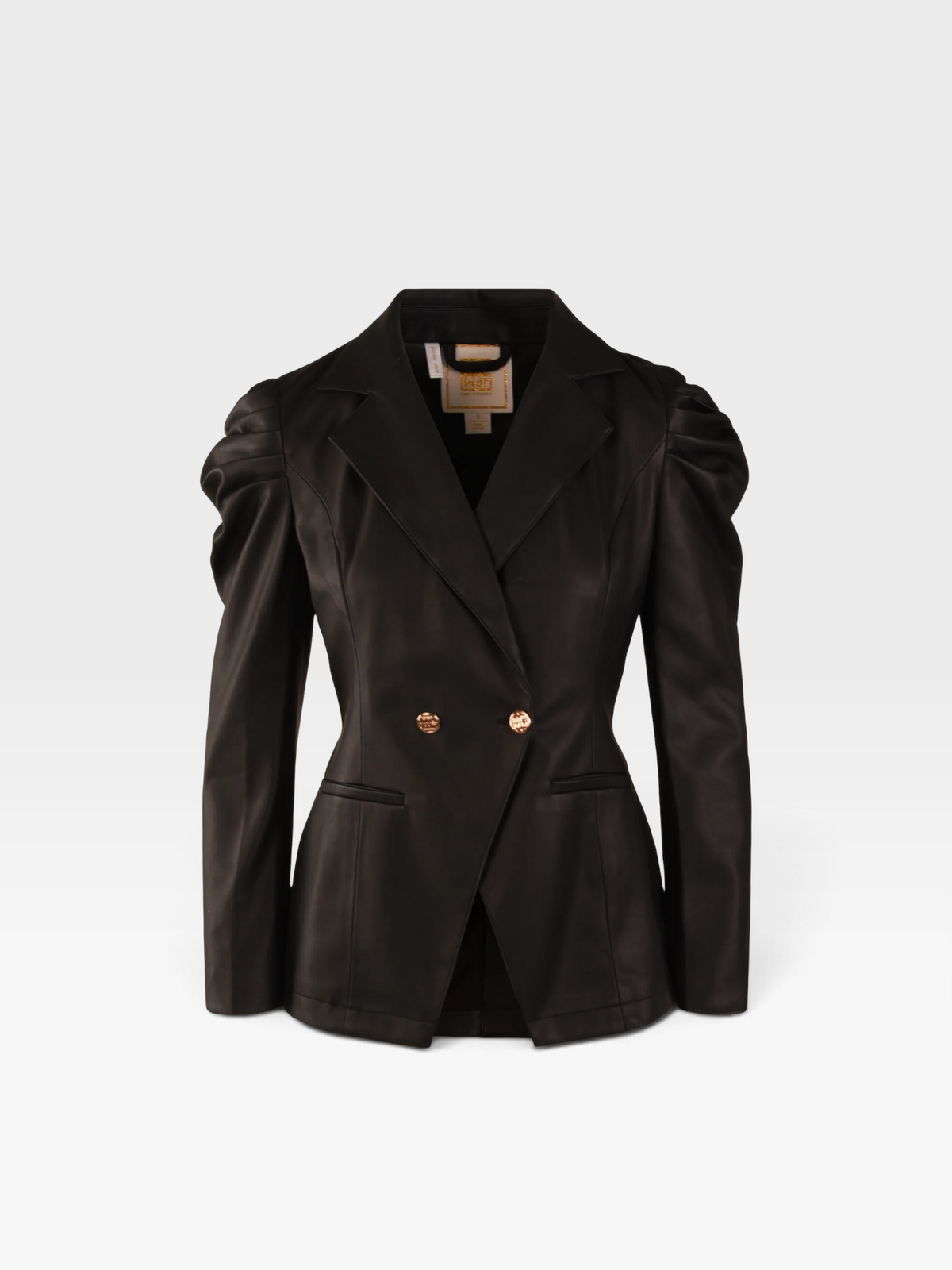 TheConsignmentBar EMILY MCCARTHY black vegan leather blazer with puff sleeves and gold double-breasted buttons.